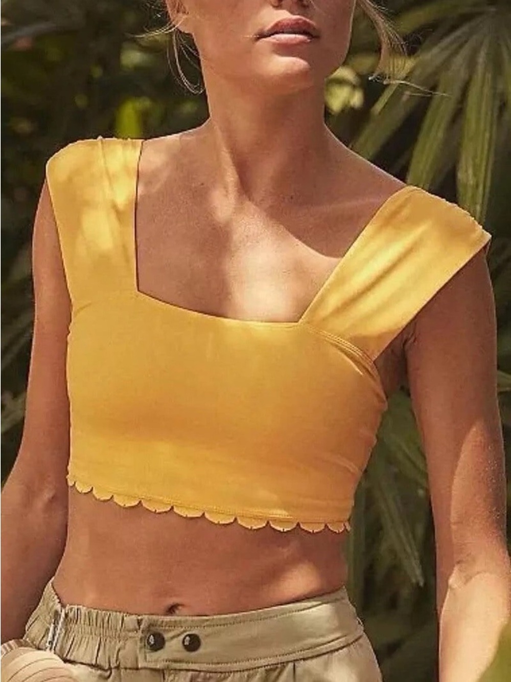FP Movement by Free People Yellow Square-Neck Scalloped Crop Tank